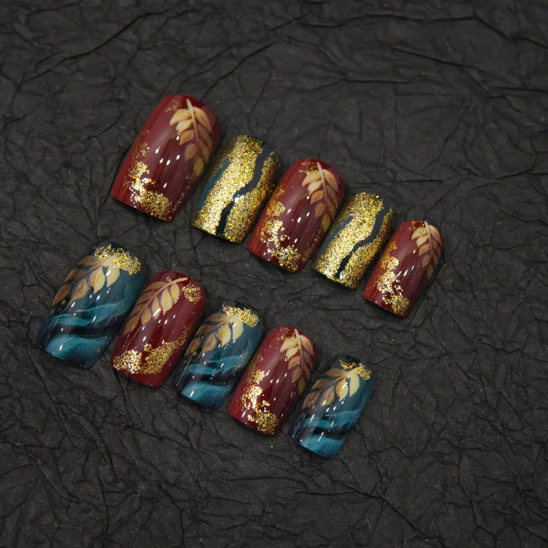 Vintage Wine Red Dark Green Hand‑painted Maple Leaf Press On Nails,Gold Foil Smudge Chinese Style Short Square False Nails,Reusa