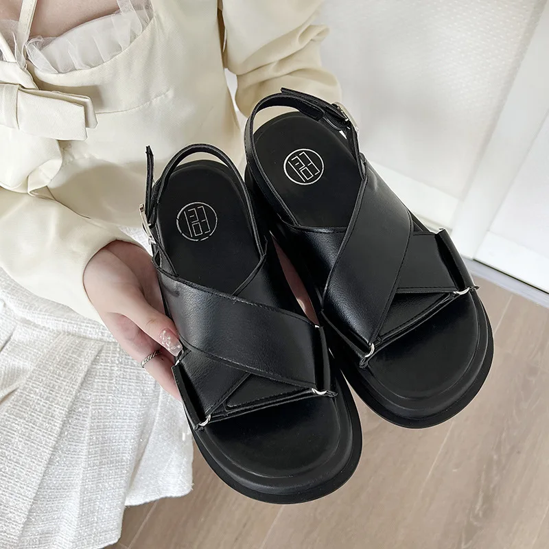 2022 New Summer New Flat Sandals Women\'s Shoes Cross Heel Strap Buckle Simple Wild Casual Korean Version Soft Bottom Students