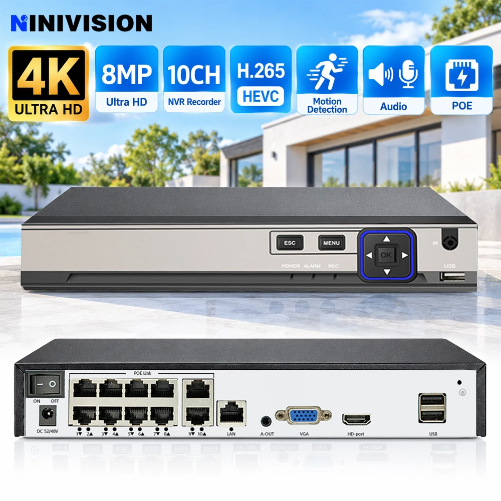Network Video Recorder 10CH 8MP 4K PoE NVR H.265 HEVC CCTV Surveillance HDMI VGA Display Audio Support Motion Detection For Home