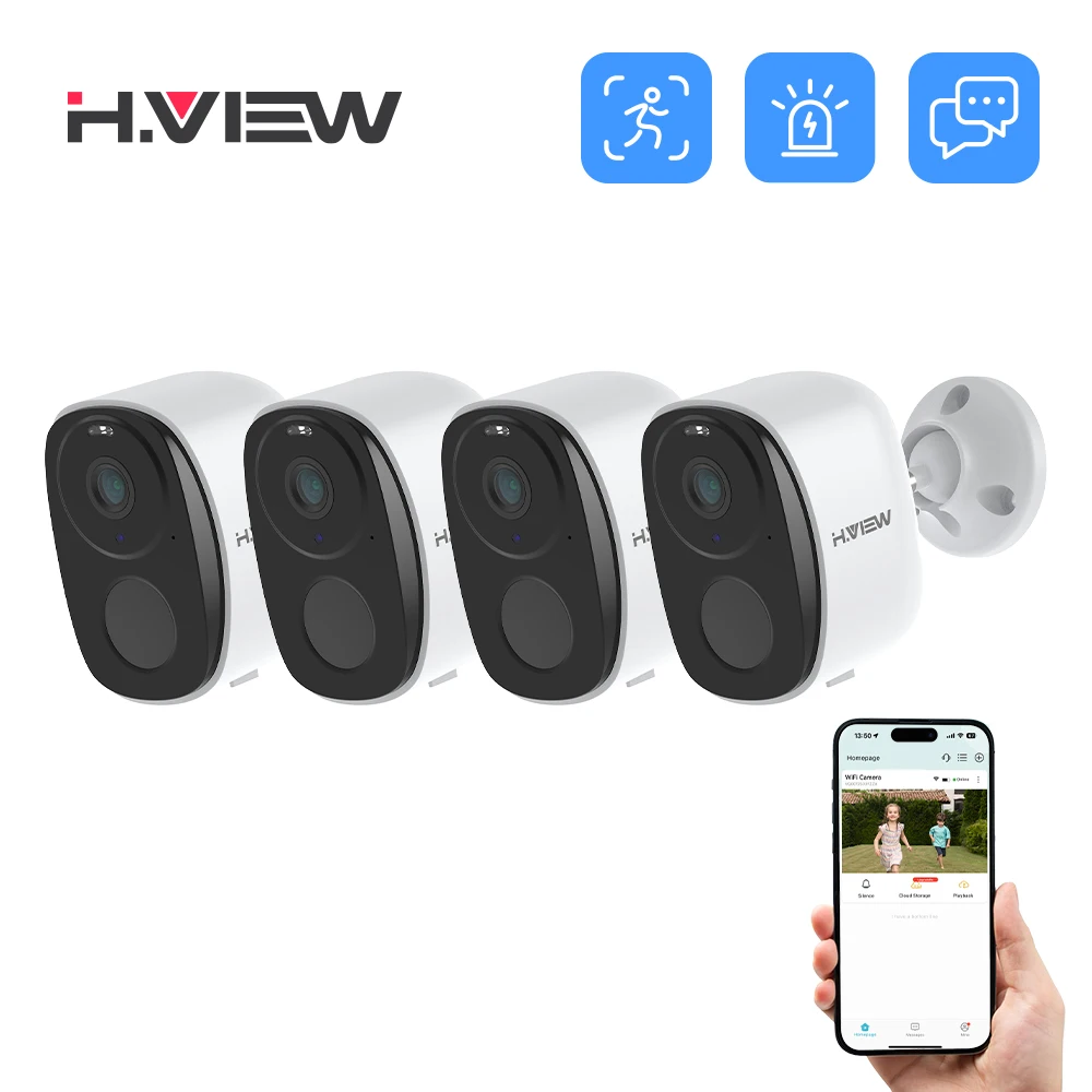 H.VIEW กล้องไร้สายแบบใช้แบตเตอรี่ PIR 4 ชิ้น กล้องรักษาความปลอดภัยไวไฟ 2K 3MP, เสียง 2 ทาง, กันน้ำ