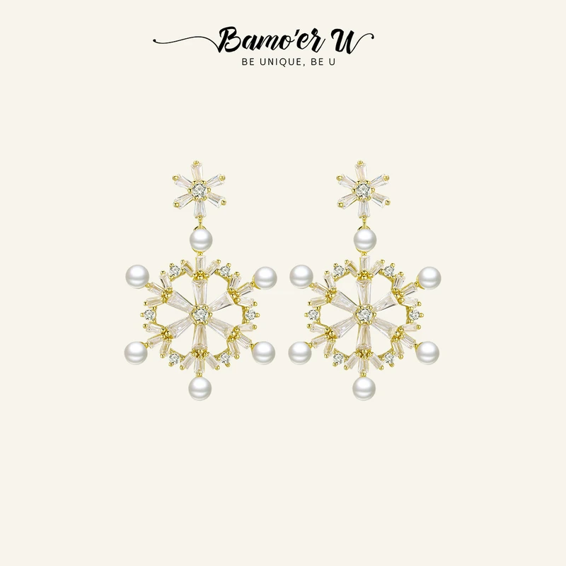 Bamoer U 925 Sterling Silver Snowflake Earrings Fashion Plated Gold Earrings for Female Matching Girls Birthday Gift Jewelry