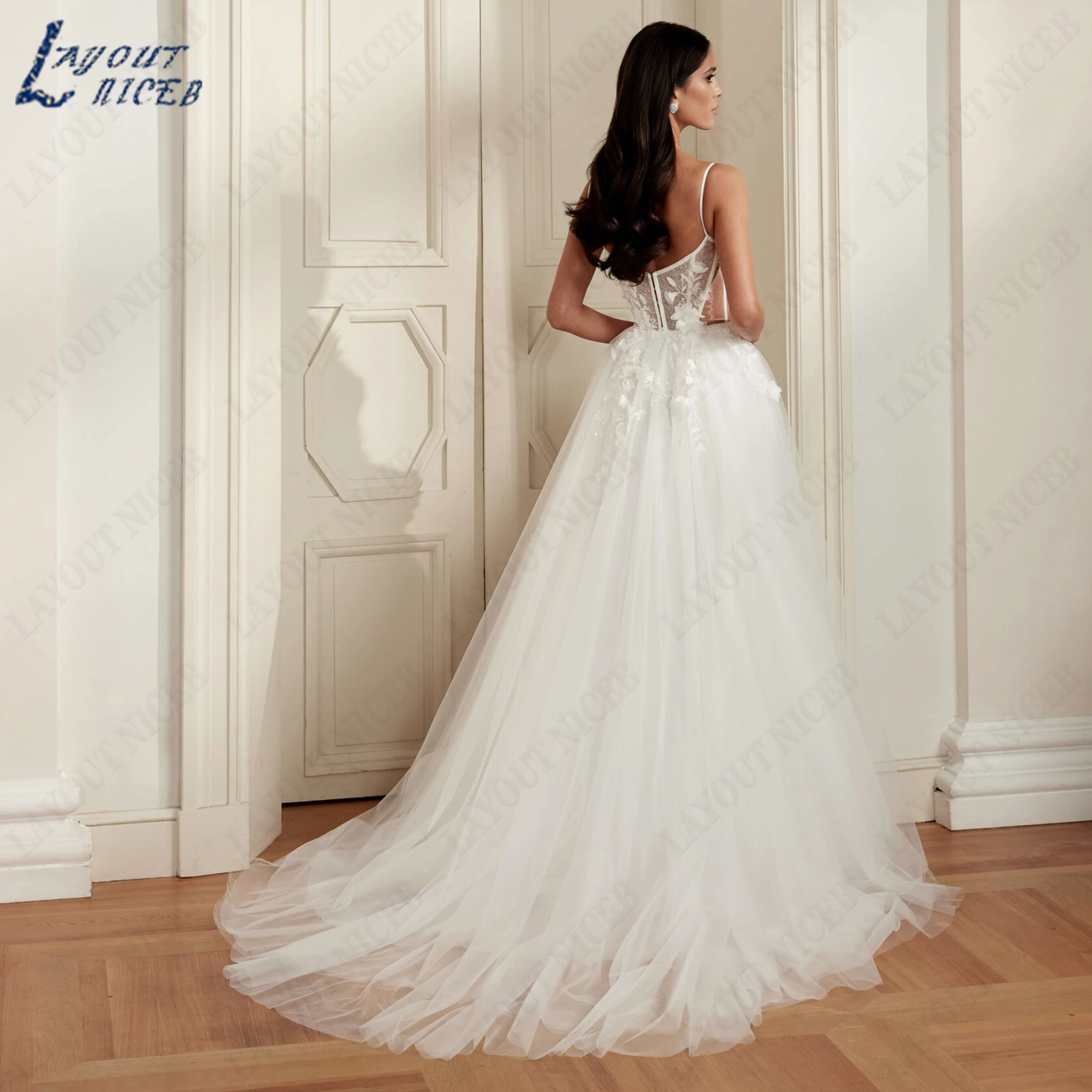 LAYOUT NICEB Customized Spaghetti Straps Tulle Wedding Dress A‑Line Square Collar Bridal Gown Sleeveless Bride Dresses