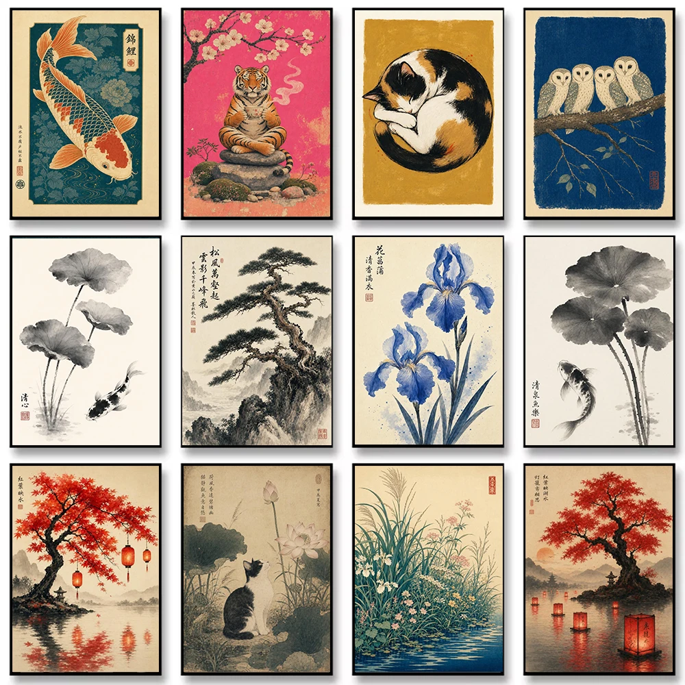 Japanese Ukiyo-e Koi Cats Flowers Scenery Retro Animal Ink Canvas Painting Wall Art Poster Picture Home Decor Mural Cuadros
