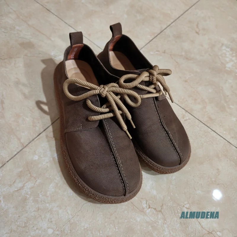 Genuine Leather Casual Shoes Round Toe Thick Rope Lace-Up Men's Comfortable Daily Commute Outdoor Street Style Fashion Shoes