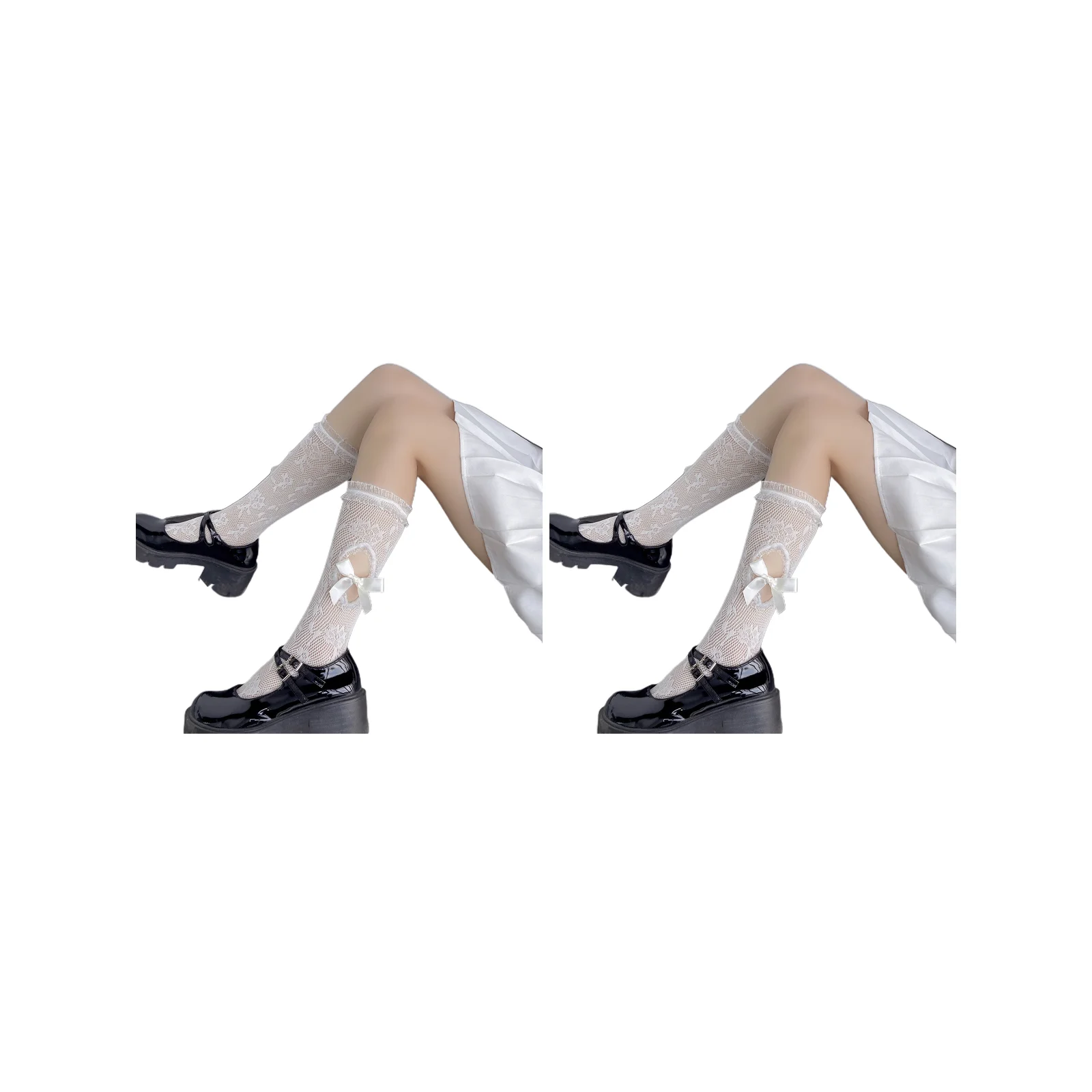 Fungus edge hollow bow lace calf socks combination (white side + front hollow 1 pair each)