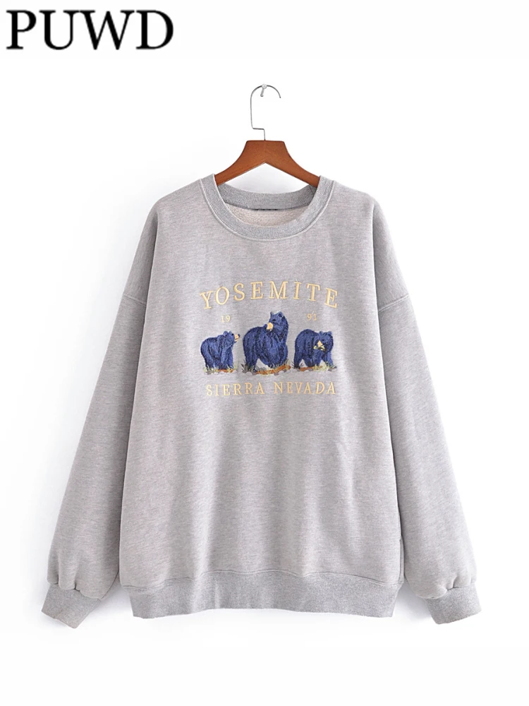 

PUWD Casual Women Grey O Neck Cartoon Embroidery Sweater 2022 Autumn Fashion Ladies Casual Female Plush Version Sweaters