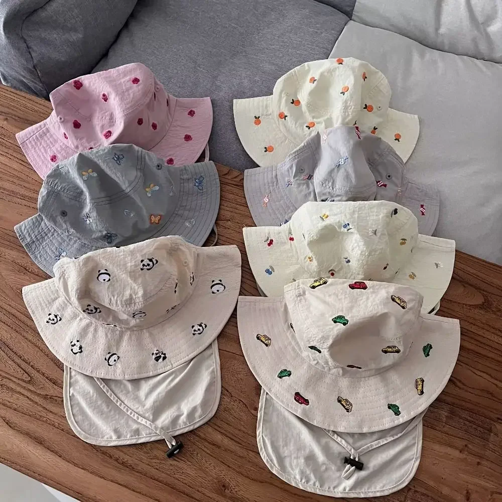 

Summer Embroidery Baby Sun Hat Quick-dry Anti UV Kids Bucket Hat Breathable Neck Protection Children Panama Cap