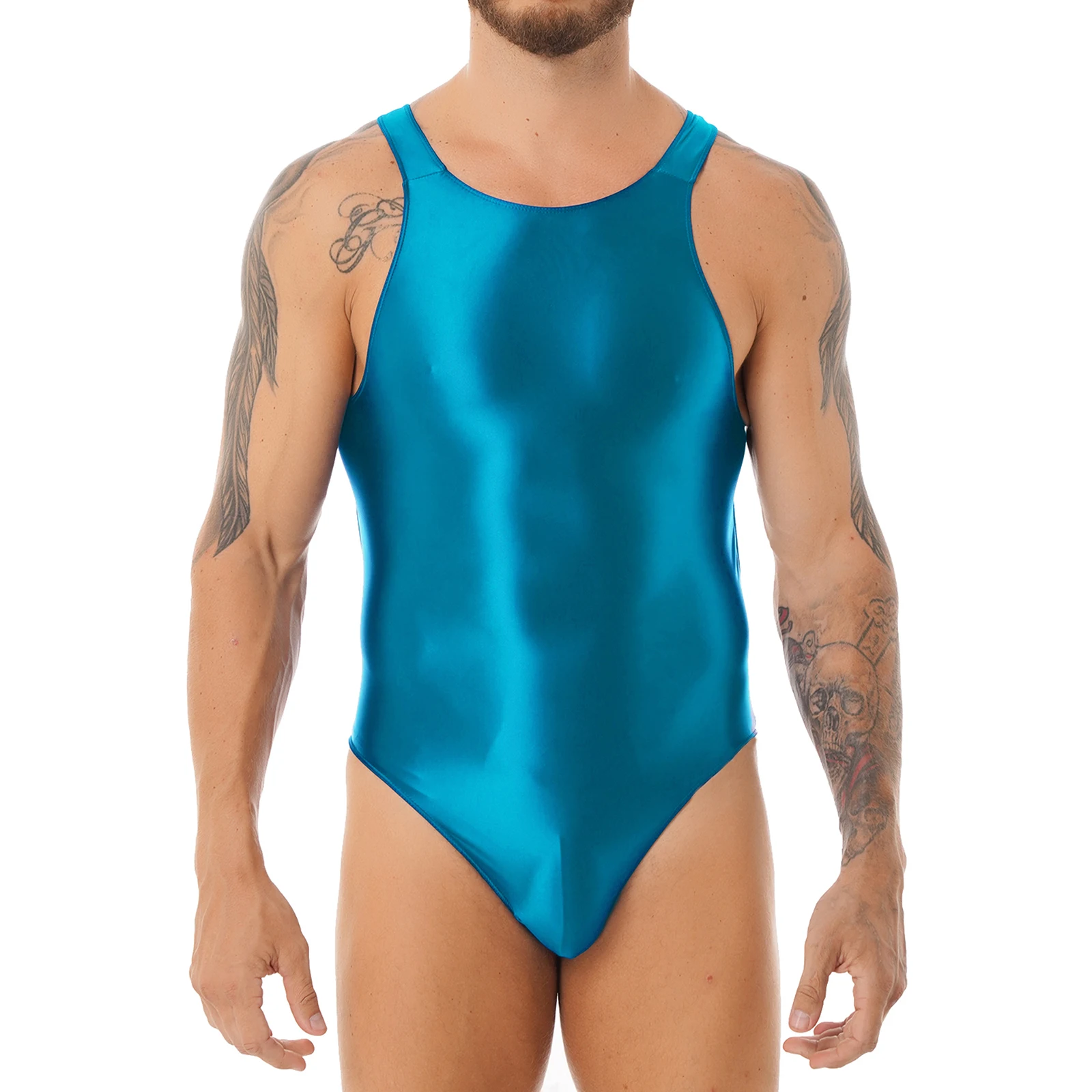 Mens Glossy One-piece Swimsuit Hollow Out Bodysuit Stretchy Leotard Swimwear Solid Color Bathing Suit Wetsuit Surfing Clothing