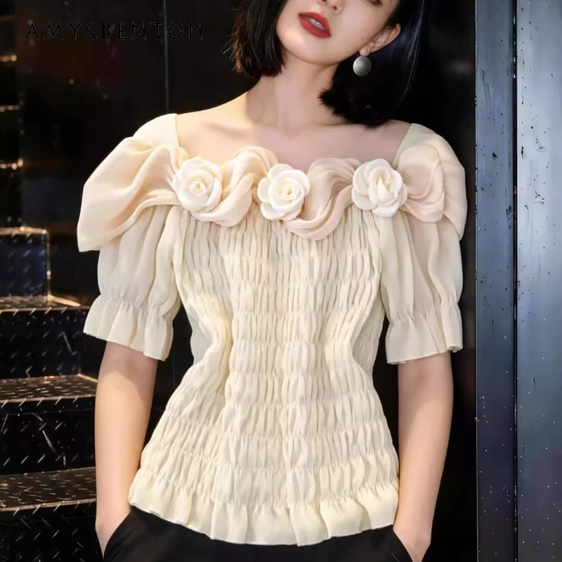

Spring 2026 Slimming Women's Shirt French Sweet Style Three-dimensional Flower One-shoulder Puff Sleeve Pleated Shirts Ladies
