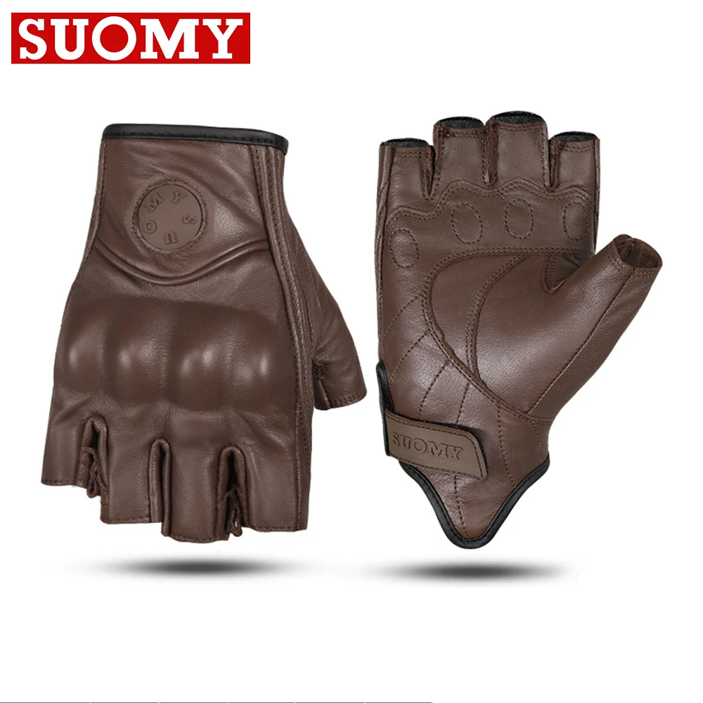 SUOMY Summer Vintage Brown Goat Leather Motorcycle Half Finger Gloves Breathable Motorbike Gloves Anti-drop Non-slip MTB Glove