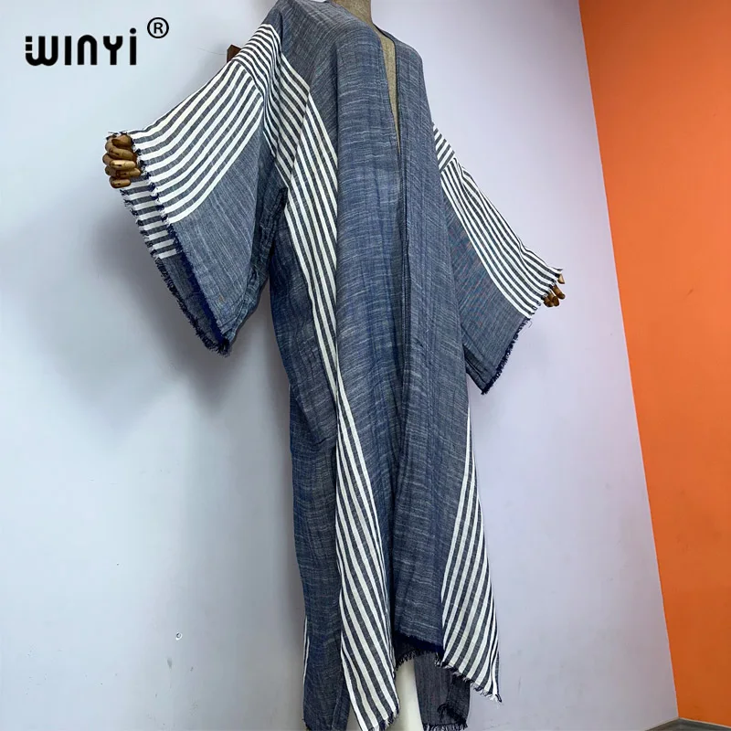 Nowa wygodna damska kurtka jesienny w paski z nadrukiem płaszcz plażowy luźna sukienka Boho luźna wakacyjna futerał do pływania up Kimono