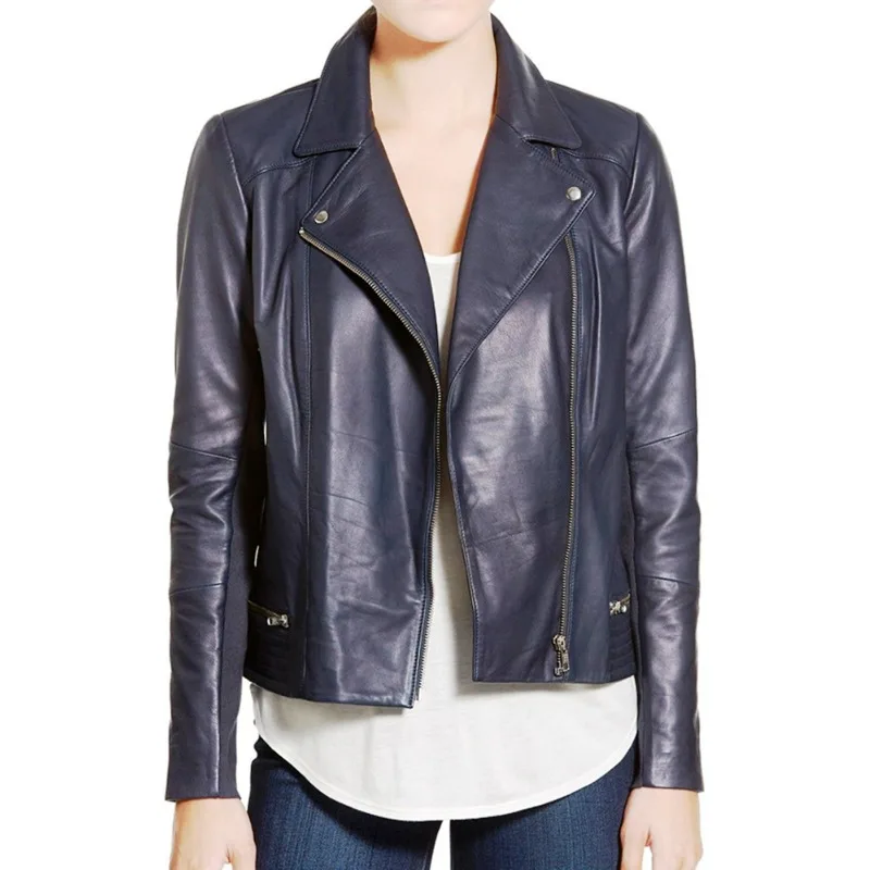 Women's Navy Blue Leather Jacket Biker Motorcycle Café Racer Soft Lambskin Coat