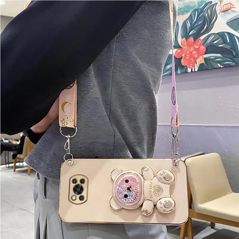 Funda de teléfono con cordón, carcasa con soporte de oso de arena movediza para Xiaomi Mi Poco X3 Nfc X4 X5 Pro C40 M4 Pro 4G 5G M3 M5 F3 F4 GT