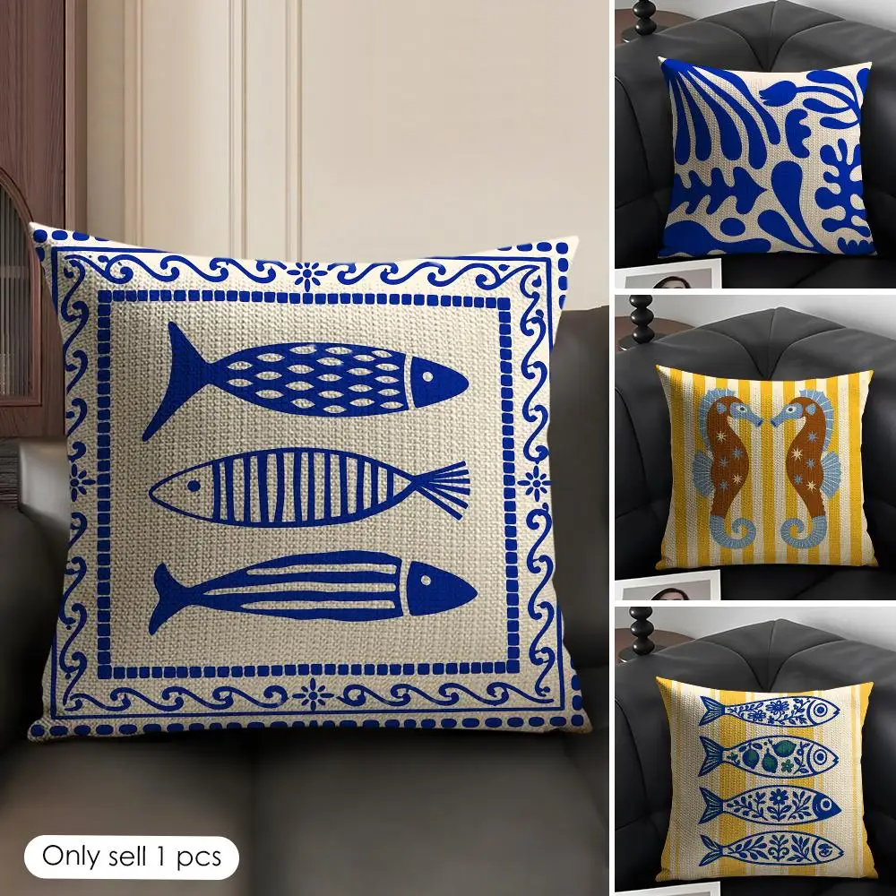 Blue Yellow Summer Art Cushion Cover Natural Linen Organic Fabric Double-Sided Printing Breathable Perfect Gift For Decor