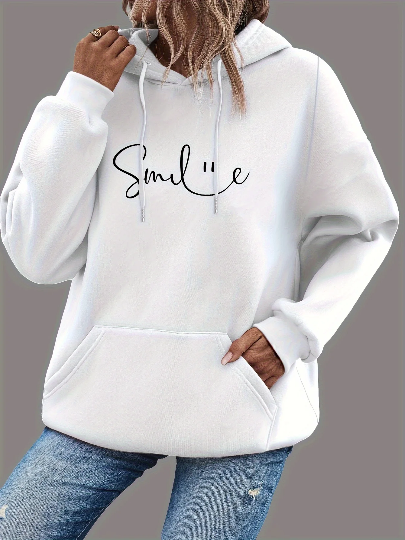 Womens SMILE Print Hoodie with Kangaroo Pocket Comfortable Casual Sweatshirt for Stylish Everyday Wear