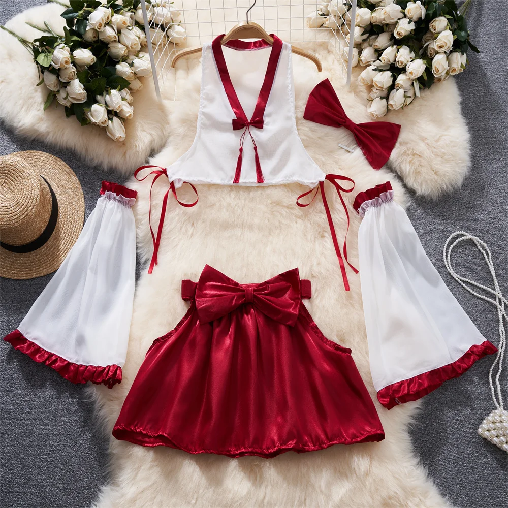 V-Neck Contrast Lace Up Sheer Ruffle Petal Sleeve Crop Top With Sweet Bow Red Mini Skirt Set Sexy Women\'s Sleepwear Japan Pajama