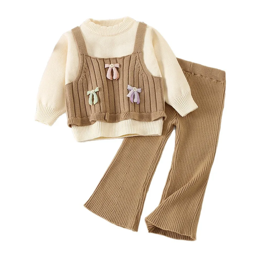الفتيات البلوز دعوى الخريف الشتاء جديد طفلة ثلاثة فراشة قطعتين محبوك السراويل النسخة الكورية الحلو Tops90-130cm #6