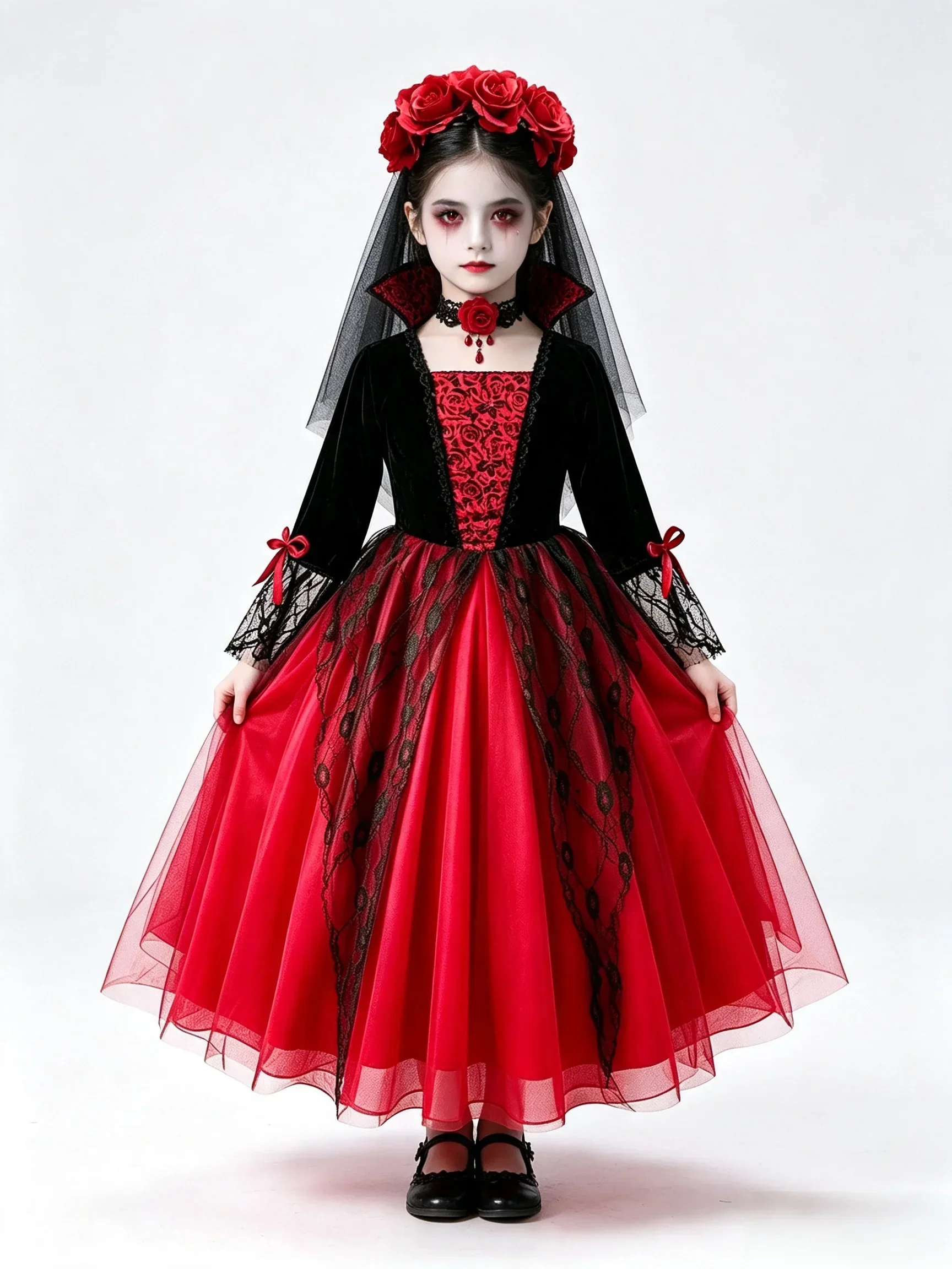 Mädchen Halloween Rollenspiel Kostüm Kinder Gothic Rot Schwarz Cosplay Kostüm mit Handschuhen und Strümpfen für Karneval Geburtstagsfeier – Detail 2