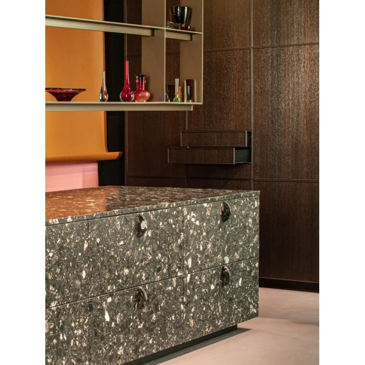 Low Hidden MDF Plywood Panel Soft Closing Drawer Handle Basket Sintered Stone Kitchen Cabinet