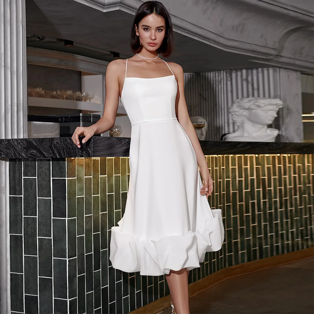 

Simple White A-Line Ruched Tea Length Wedding Dress Customized Jersey Sleeveless Spaghetti Straps Short Civil Bridal Gowns