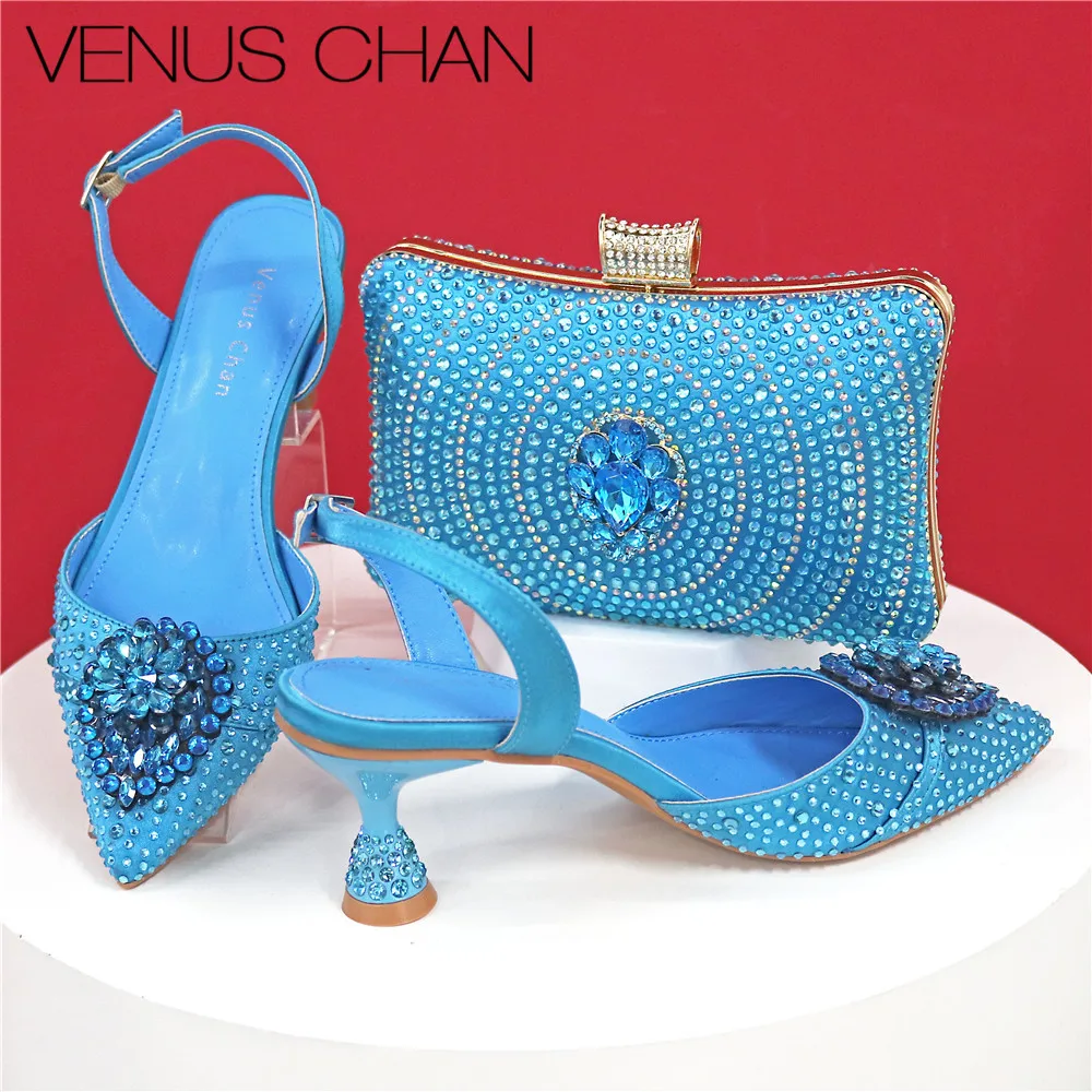 

Nigerian Women Heel Party Ladies Italian Design S.Blue Shoes And Bag Set Decorated with Rhinestone Handbag Wedding Party