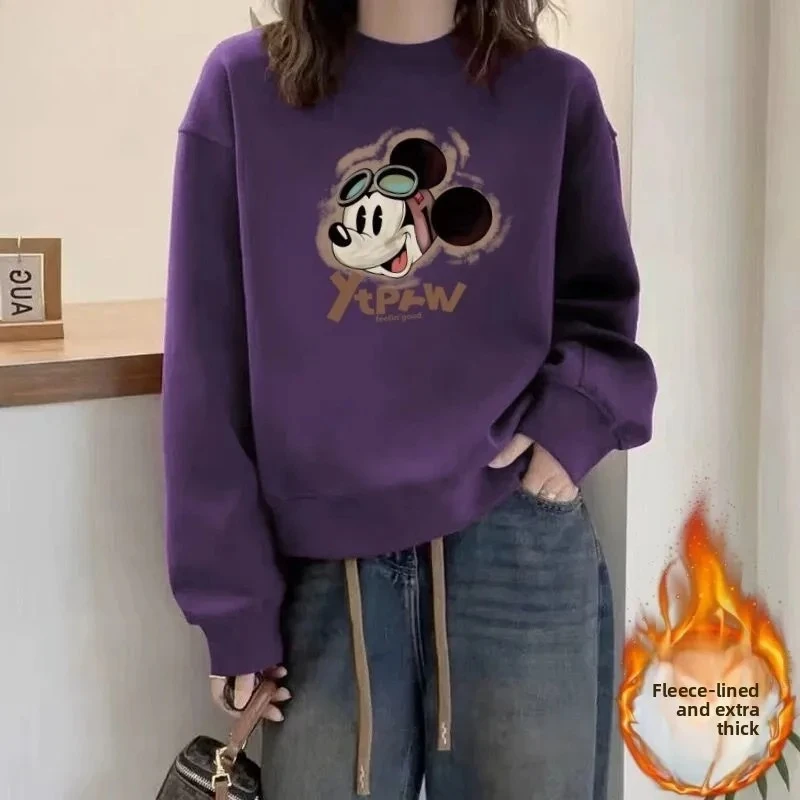 Mickey Mouse grijs sweatshirt - met fleece gevoerde, verdikte oversized grafische tekst, trendy casual herfst-wintertop