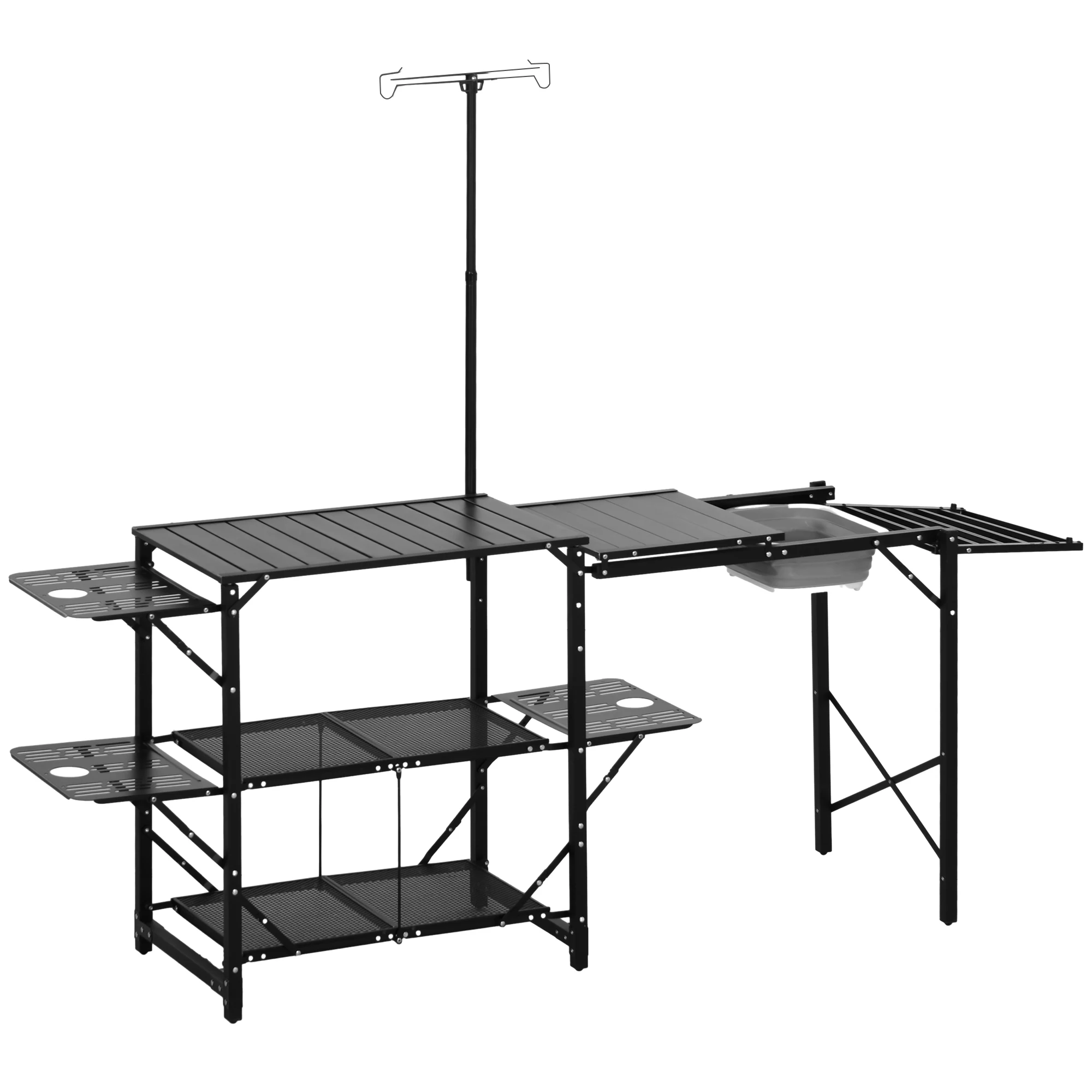 Outsunny opvouwbare campingkeukentafel met planken, lamphouder