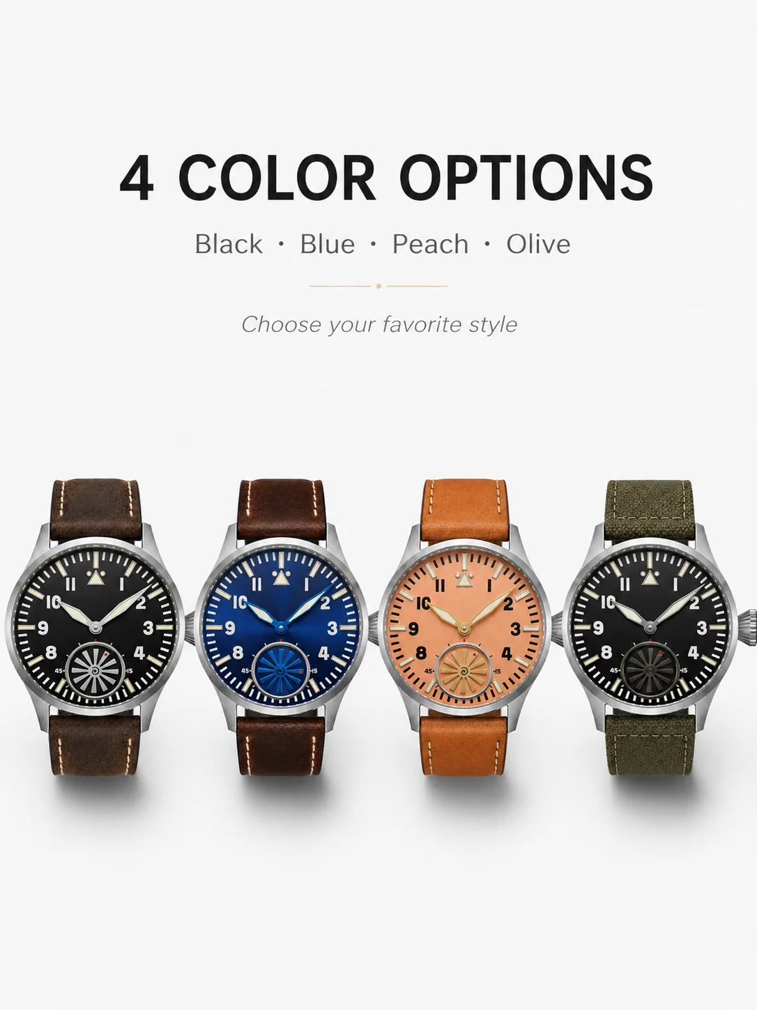 Mechanische Pilotenuhr mit individuellem Logo für Herren, ST3621 Handaufzug, 43mm, Saphirglas, Lederarmband, Zifferblatt, Schließe, Krone, personalisiert – Detail 2