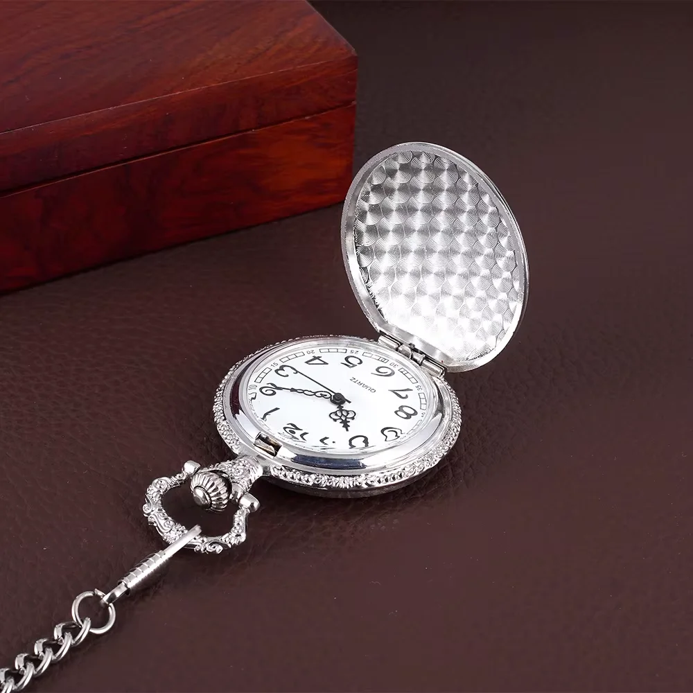 Large thick chain silver shell relief galleon sailing implied flip pocket watch quartz watch hang watch