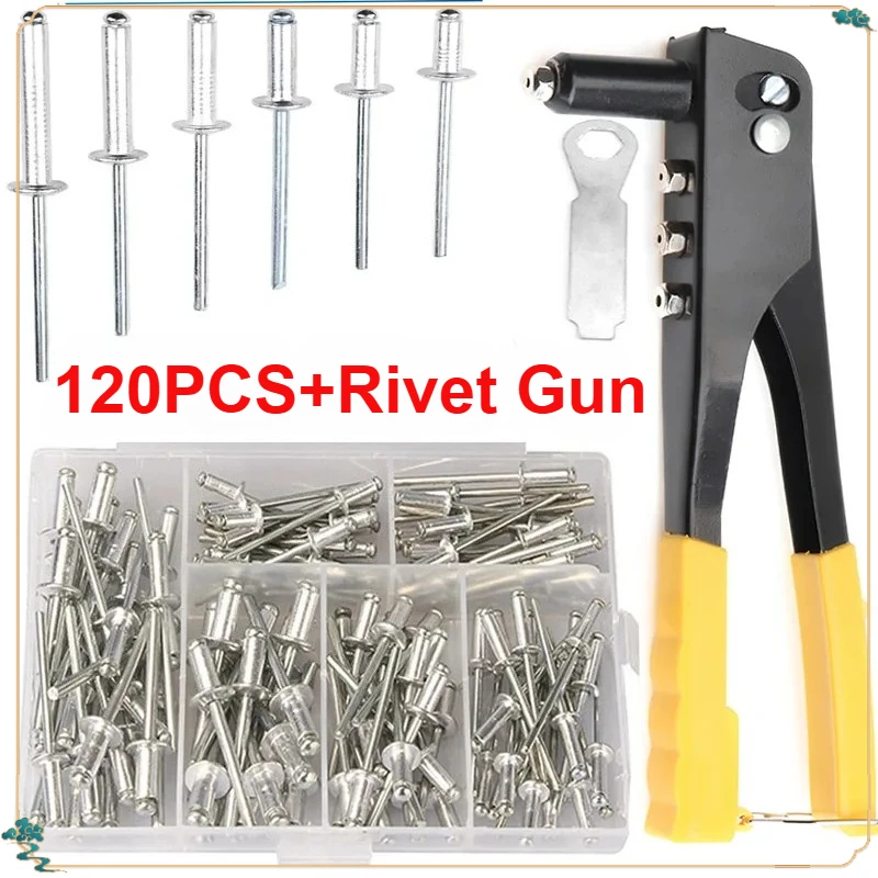 Set Rivettatrice Professionale per Impieghi Gravosi con Pistola Rivettatrice e Kit Assortito di 120 Rivetti a Strappo, Utensili Manuali, Attrezzo per Rivetti a Dado