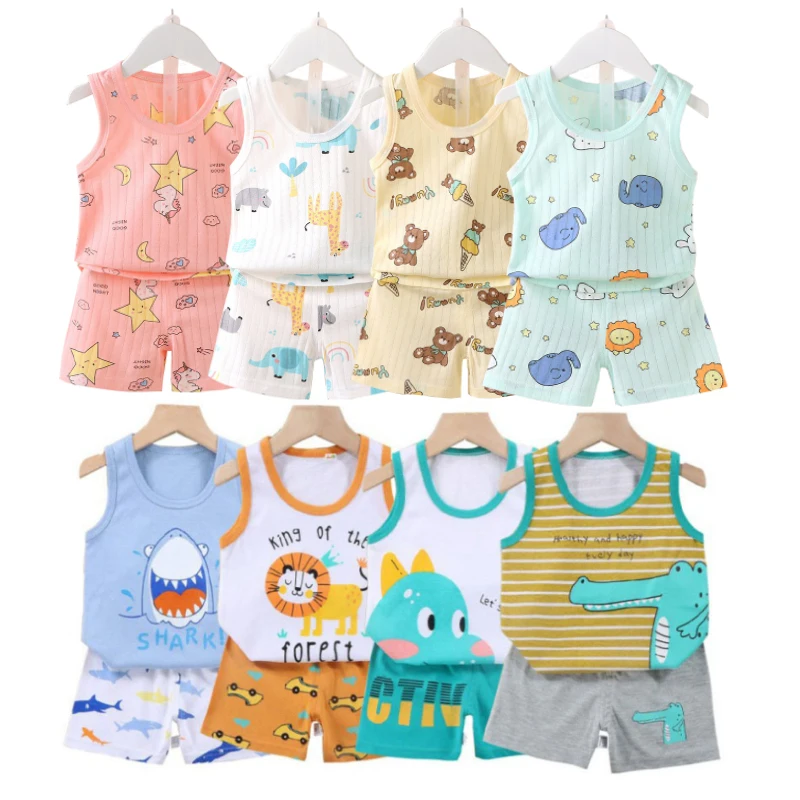 

Summer Kid Vest+Shorts 2-Piece Pajamas Clothing Set Baby Boys Girls Soft Cotton Cartoon Tracksuit Casual Clothes Suit 0-4 Years