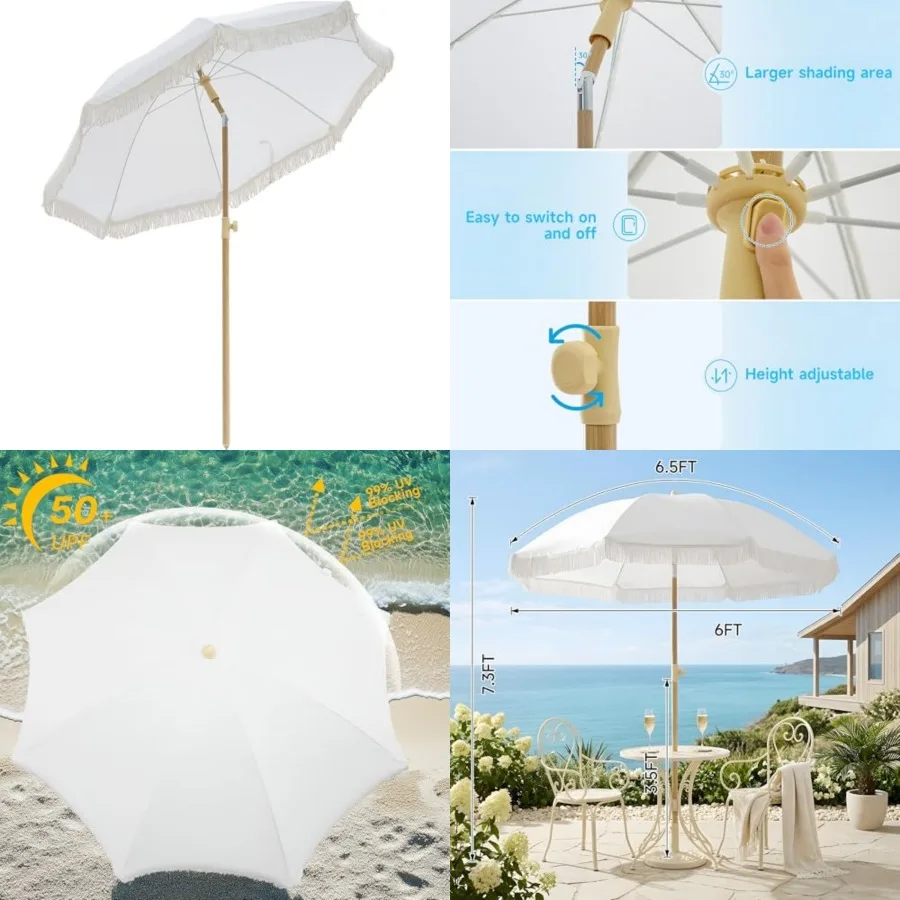 

6.5FT Boho Patio Umberlla with Fringe, UPF50+ Outdoor Umbrella with Fiberglass Ribs and Push Button Tilt, Tassels Umbrella for