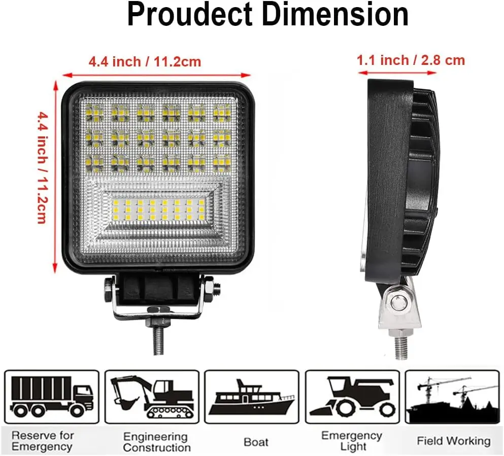 LED Light Pods, 4 inch 126W Square LED Work Light, Spot & Flood Light Off Road Light, Led Fog Light Truck Light Driving Light Bo