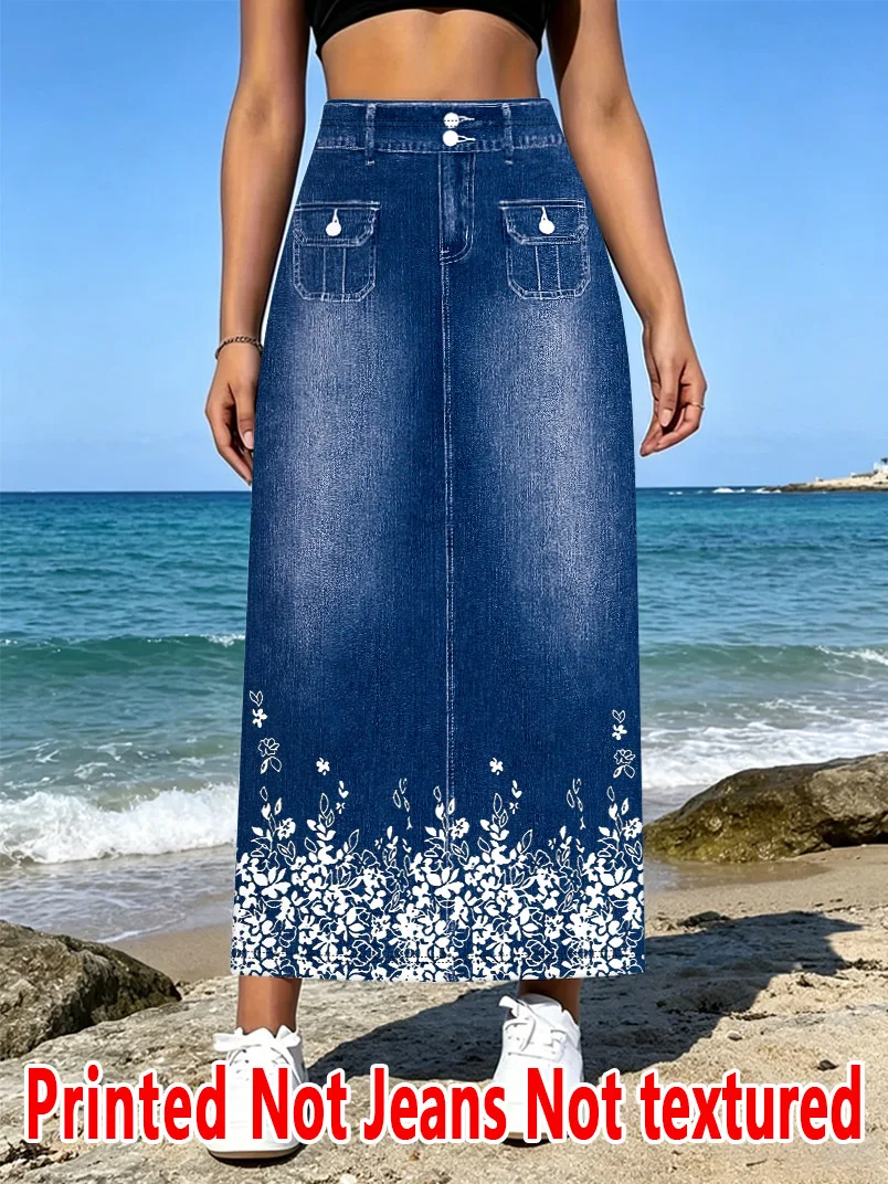 

3523 [Printed Skirt - Not Faux Denim Fabric][Imitation Faux Denim Print Skirt] American Style Print Skirt,