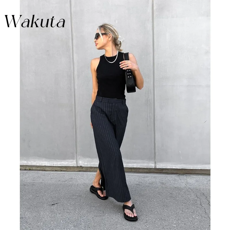 WAKUTA American Retro Slim High-waisted Striped Bustier Skirt Fall Fashion Classic Split Straight Bustier Long Skirt 니트 스커트