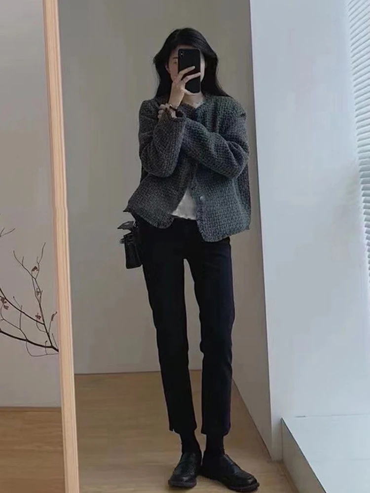 Fashionable Short Woolen Coat Women's Spring Autumn Loose Long Sleeve Tassel  Simple Style Outerwear Lady's Warm Top