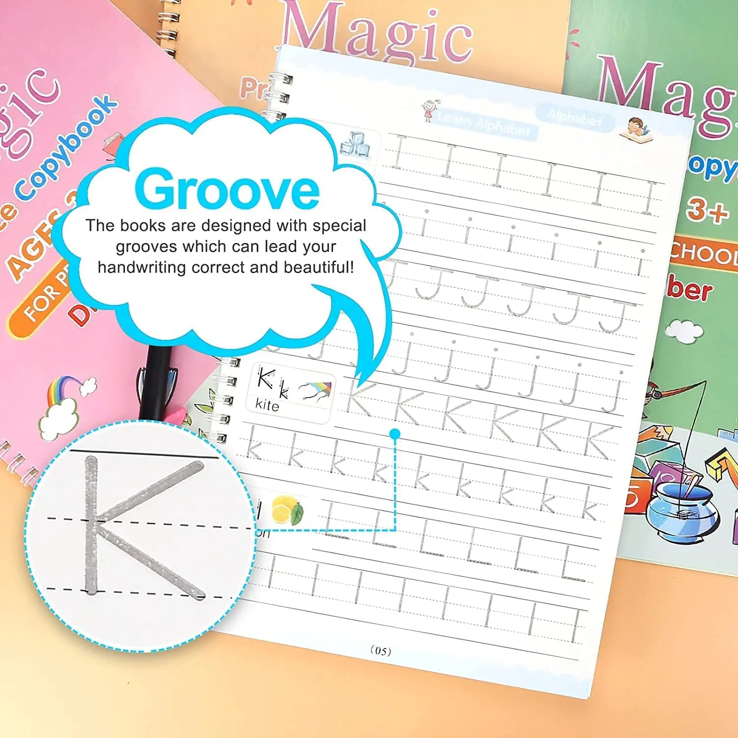 4 Books/set Magic Copybook Reusable English Practice Spanish Writing Pen Groove Alphabet Wordpad German Word Calligraphy