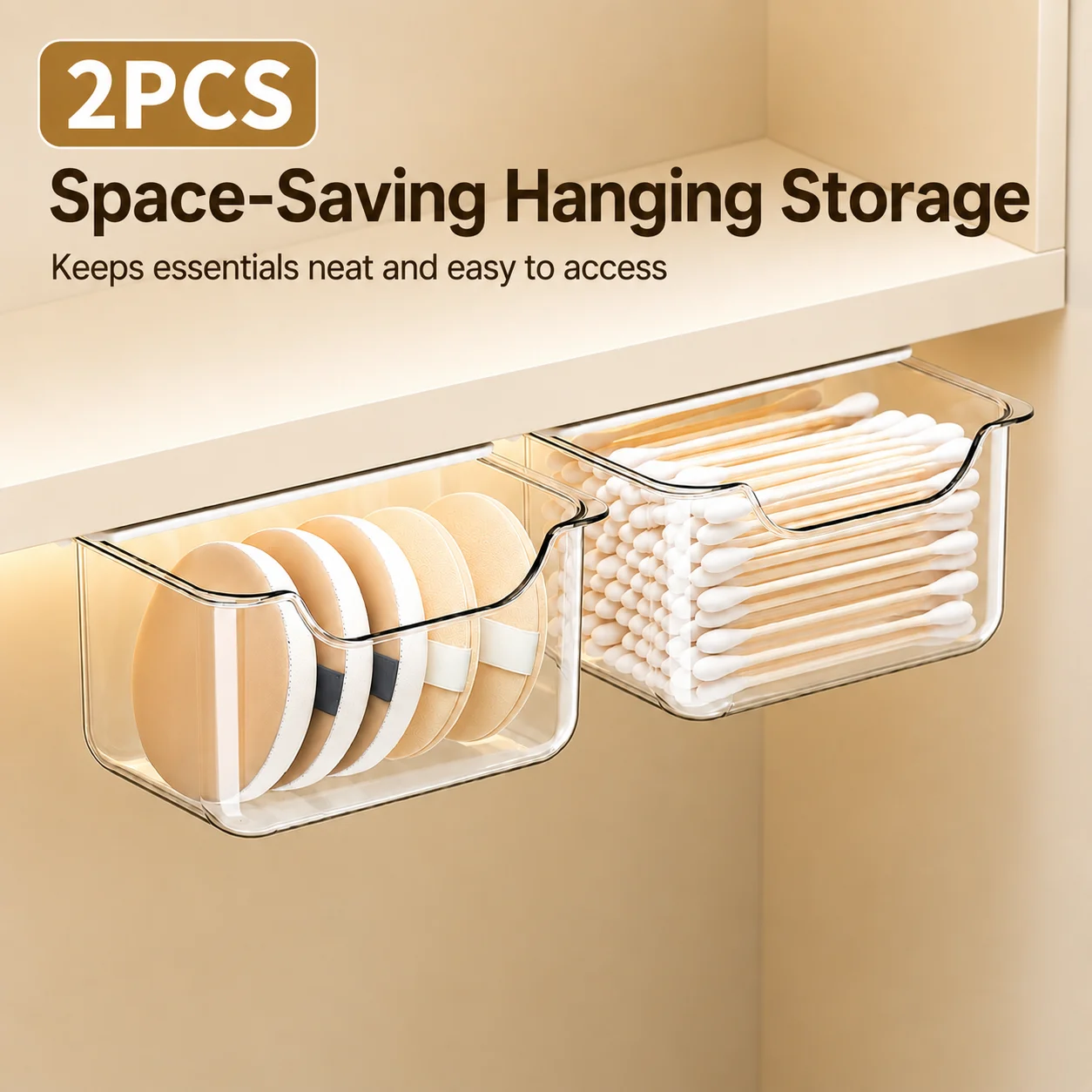Home Bathroom Organizer - กล่องเก็บของแบบใส 2 ชิ้น กล่องจัดระเบียบเครื่องสำอางแบบติดผนัง สำหรับใส่สำลี คอตตอนบัด