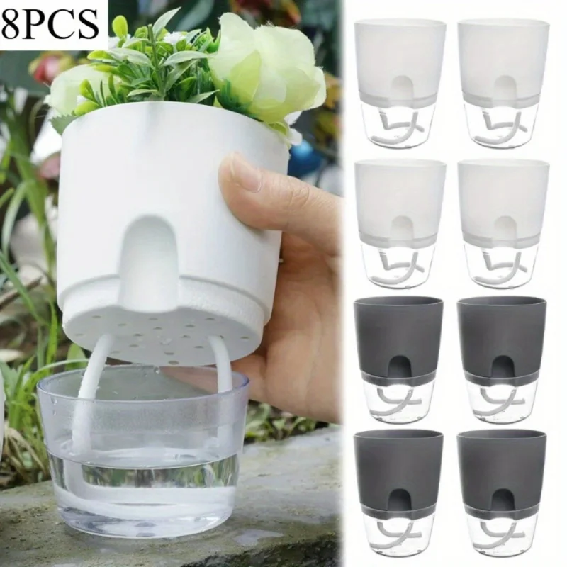 

8-Pack Self-Watering Planters with Wicks, Transparent Double-Layer Design. Ideal for Lazy Gardening, Hydroponics & Houseplants