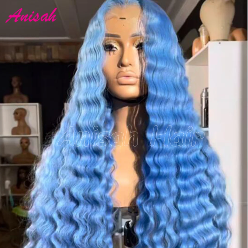 Perruque Lace Front Wig sans colle naturelle, cheveux humains, couleur bleu ciel, HD, transparente, 13 age