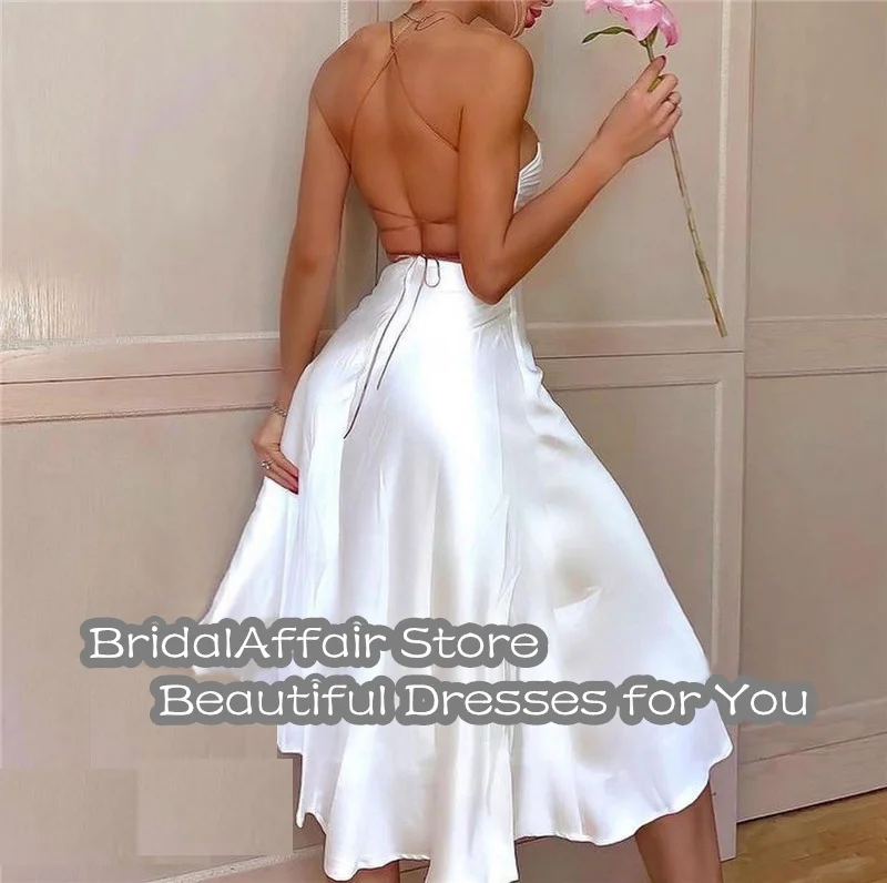 Bridalaffair simples branco cocktail vestidos de festa de seda halter fenda lateral aberto para trás sexy vestido de baile meados de bezerro senhora noite pano outfit