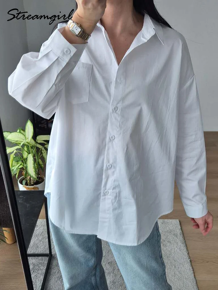 

Streamgirl Minimalist Shirts Women Oversized Cotton 100% White Basic Loose Shirts Work Tops For Women Office Blouses Elegant