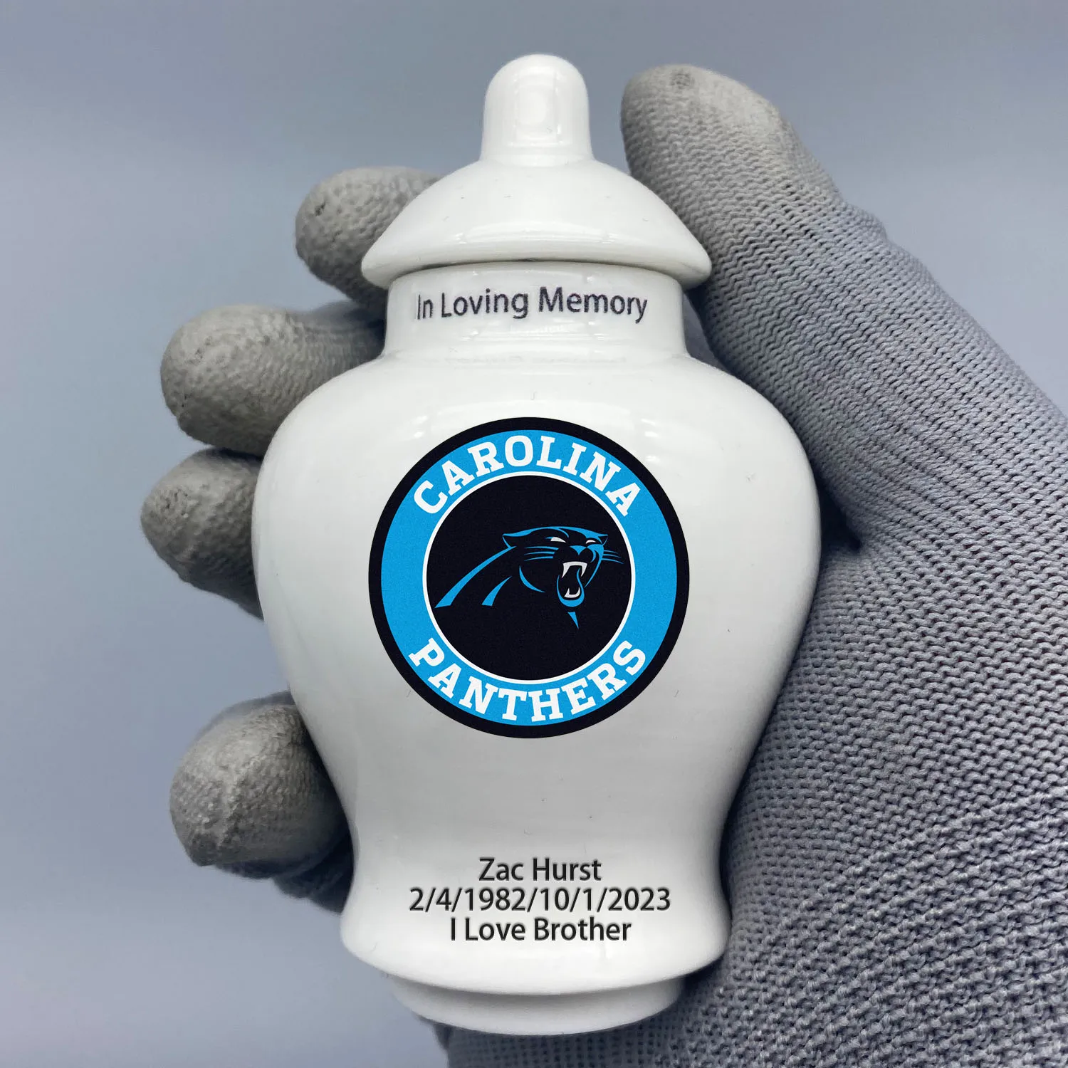 

Mini Urn for Carolina Panthers-themed Logo Custom Urn.Send me the name/date you want to appear on the urn by Remarks Message.