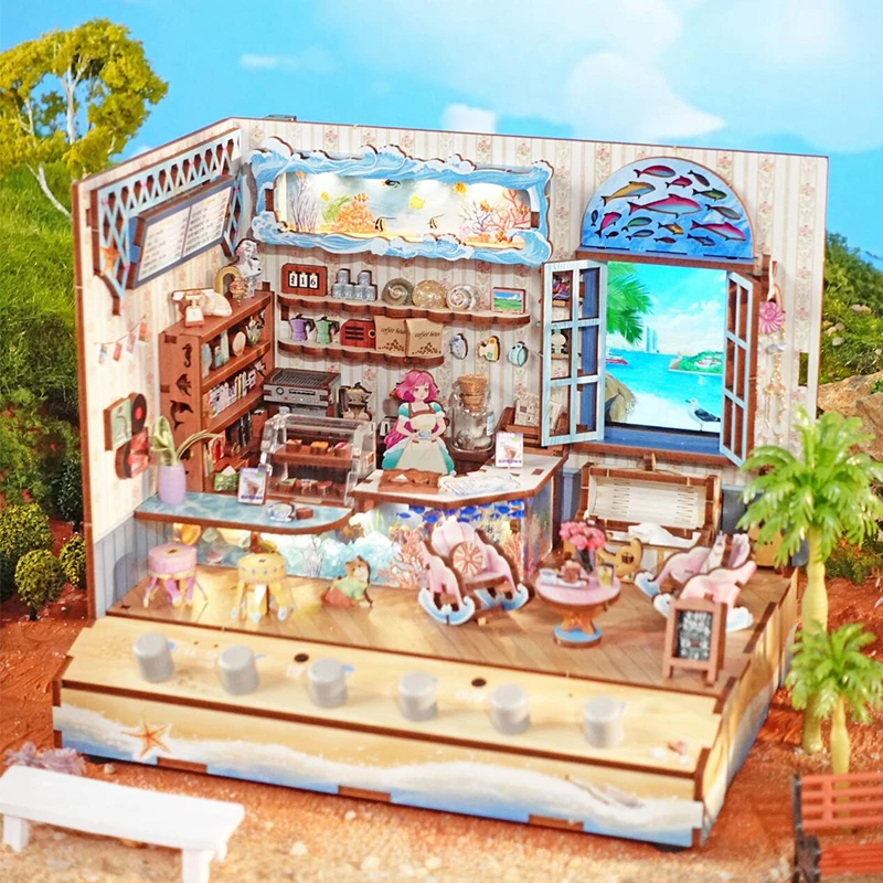 DIY 3D Wooden Puzzle Seaside Coffee Shop Cottage Miniature Model Kits with Music Sound Casa Jigsaw Puzzles for Friends Gifts