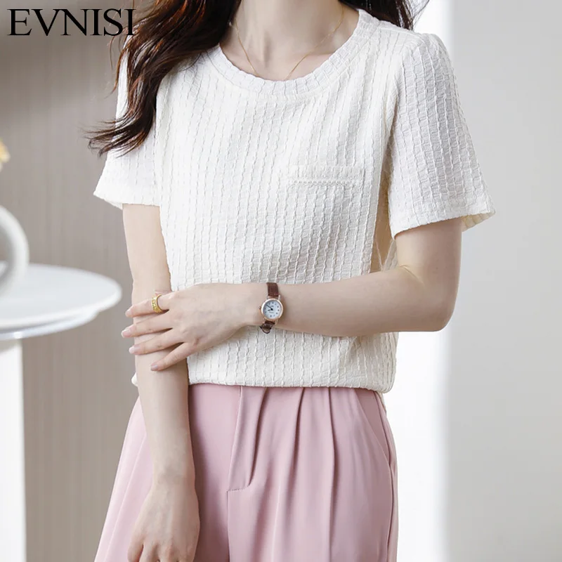 EVNISI Elegant Women White T-shirt O-Neck Short Sleeve Chic Office Knitted Tops Summer Casual For Women Loose T-shirt 2023