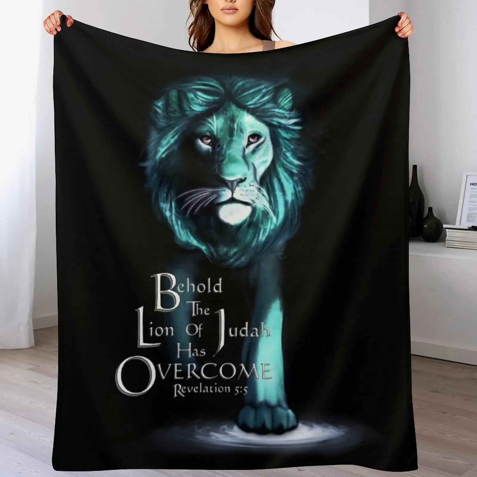 Lion of Judah With Scripture (Cyan) Throw Blanket Soft Warm Blanket Gift for Grandparents