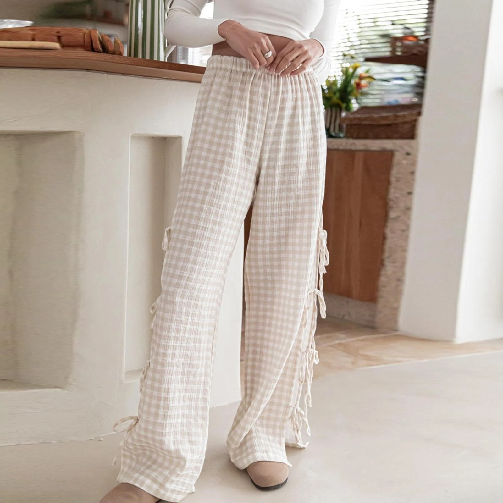 Women Wide-Leg Pants Plaid/Stripe Print Side Tie-Up Loose Trousers Summer Casual Sweatpants Bottoms Aesthetic Clothes Y2k