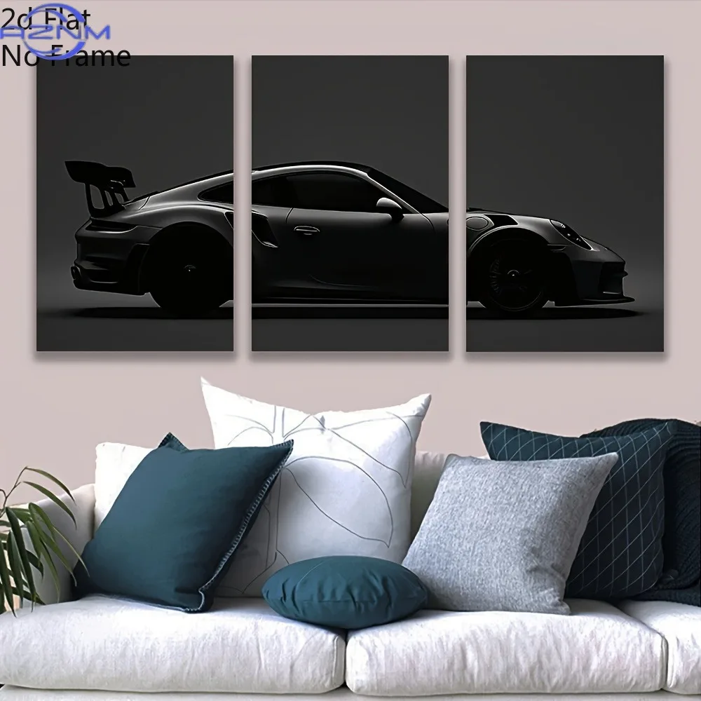 3pcs 2D Flat Classic Black Sports  Art Canvas Prints, Modern Art, Home Decor, Wall Art, Room Decor, High-Definition Print, Mode