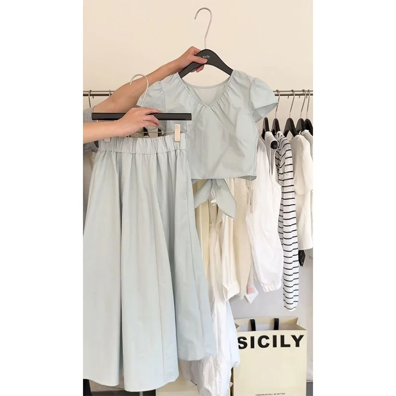 

Slimming High Waist Women's Two-Piece Set Korean Sle Faionable Anti-Aging Top And Skirt Ensemble Summer Commute Wear