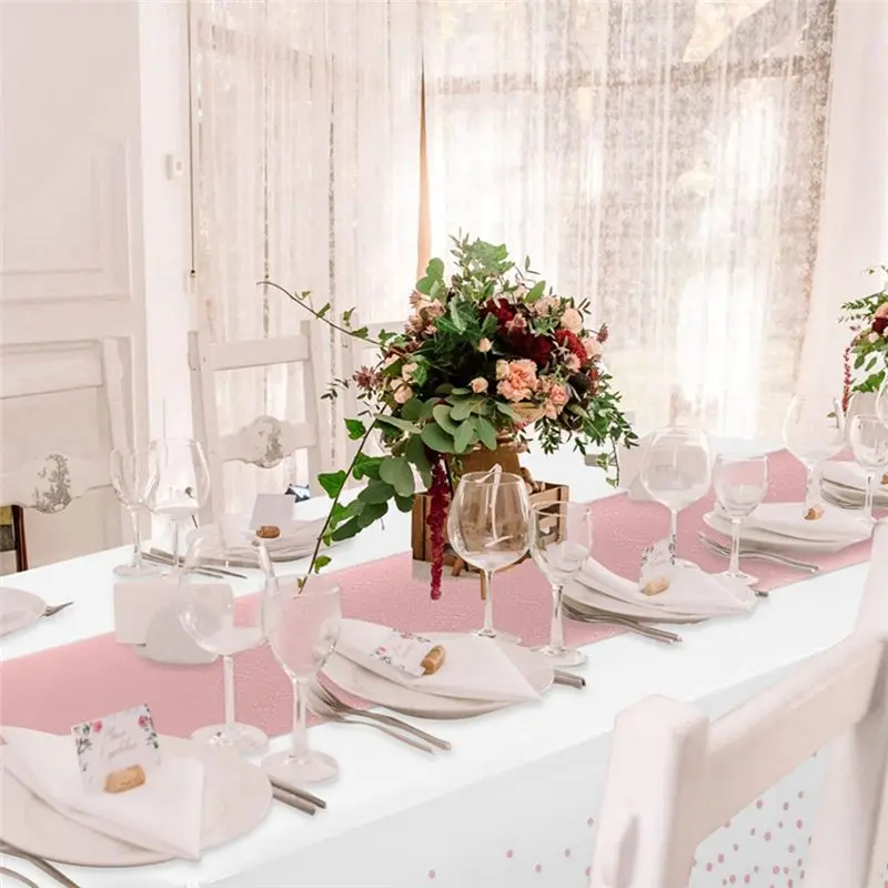 Lively- 4Pcs Disposable Plastic Tablecloths Table Runner Set Satin Table Runner for Wedding Birthday Party Decorations-Pink